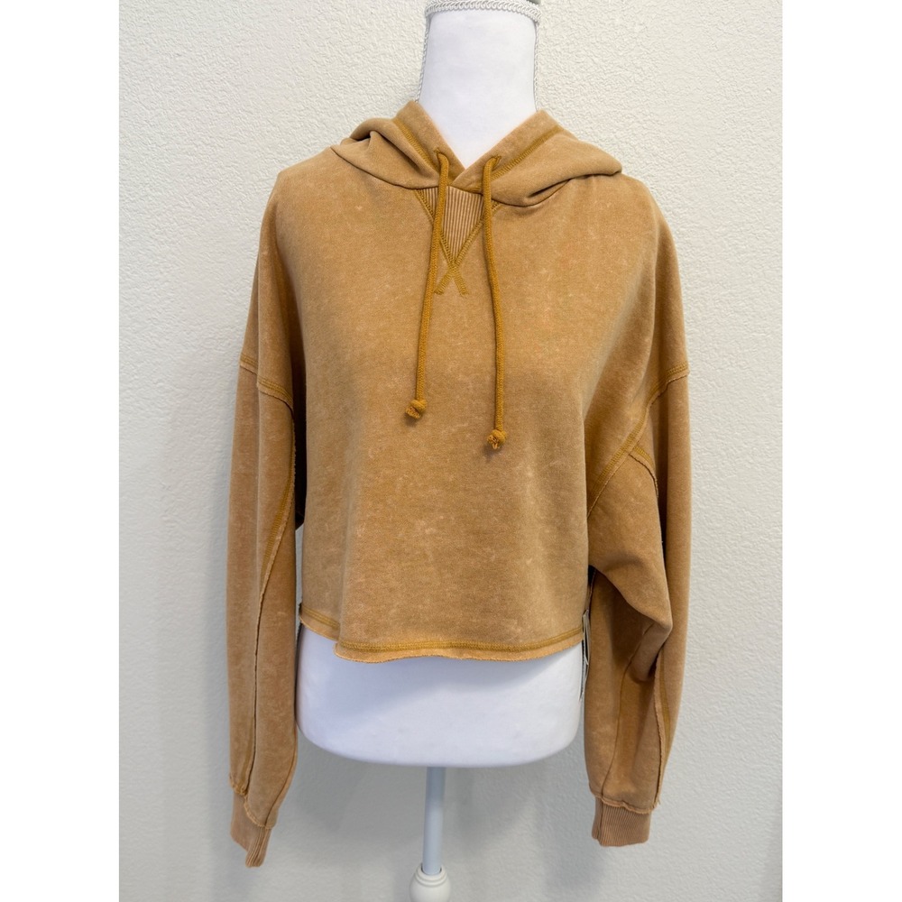 Aeropostale Women's Brown Mustard Yellow Cropped Hoodie Sweatshirt Medium